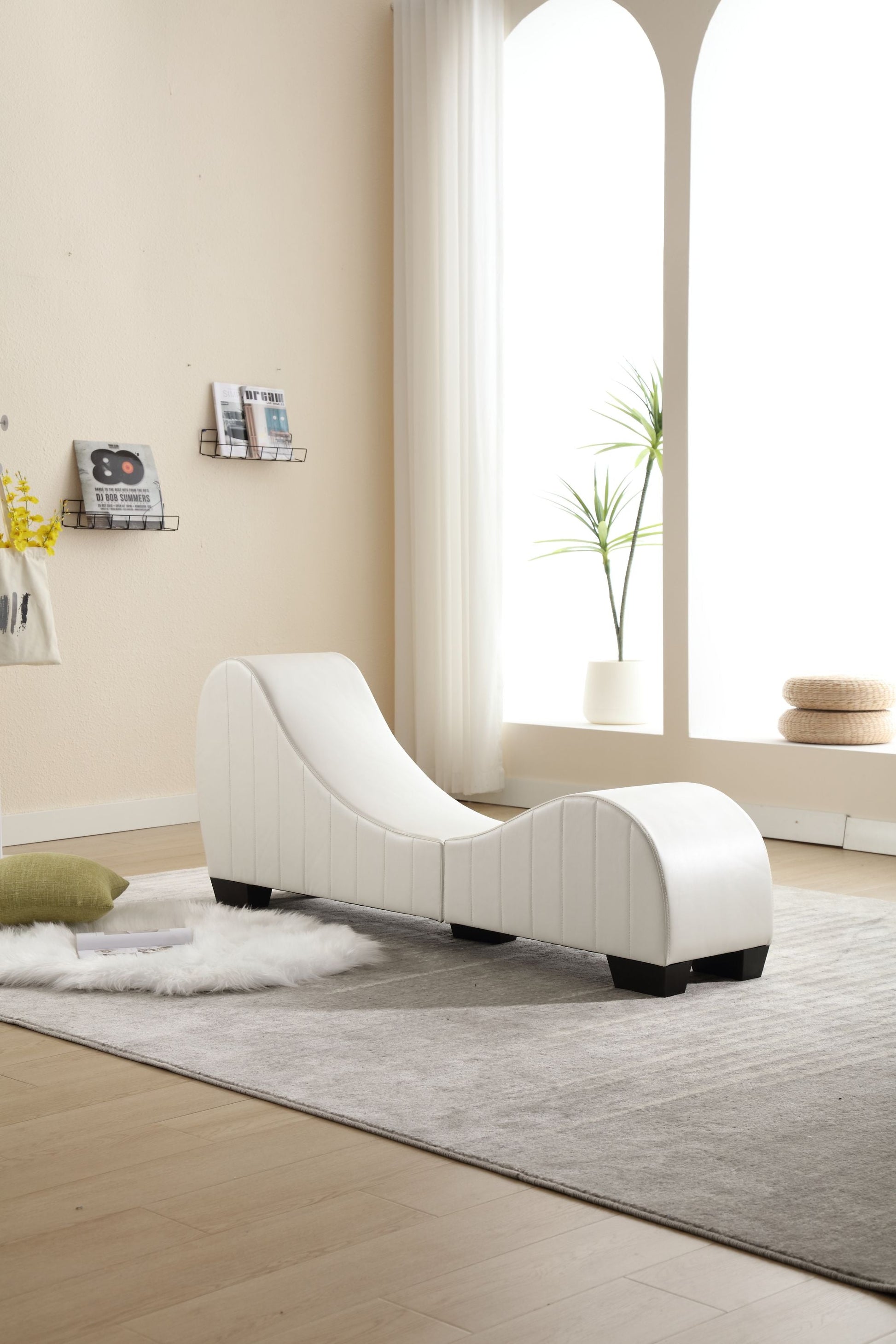 Modern Yoga Chaise Lounge – Curved Faux Leather Accent Chair in White