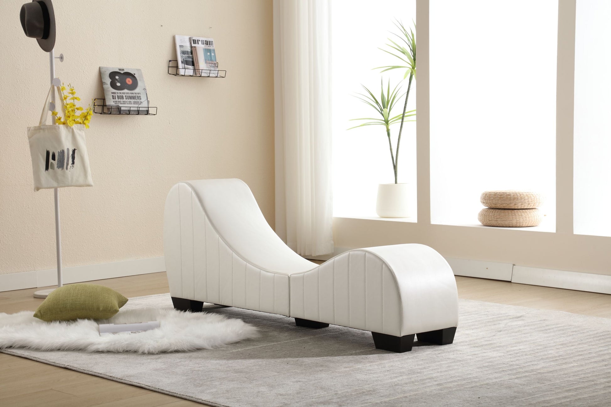 Modern Yoga Chaise Lounge – Curved Faux Leather Accent Chair in White