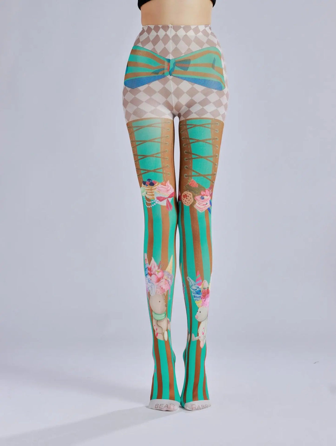 Discover Your Fun-Loving Style with Cake Ice Cream Printed Pantyhose Featuring a Whimsical Striped Checkered Base Pattern Classyfashion24.com