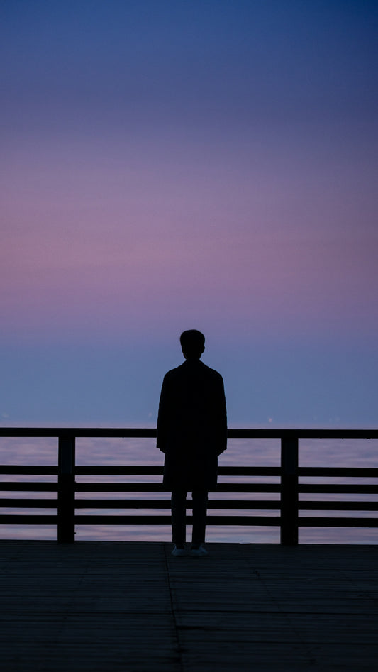 a man standing on a pier looking out at the ocean