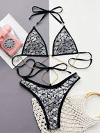 Sequin Halter Neck Two-Piece Bikini Set – Black