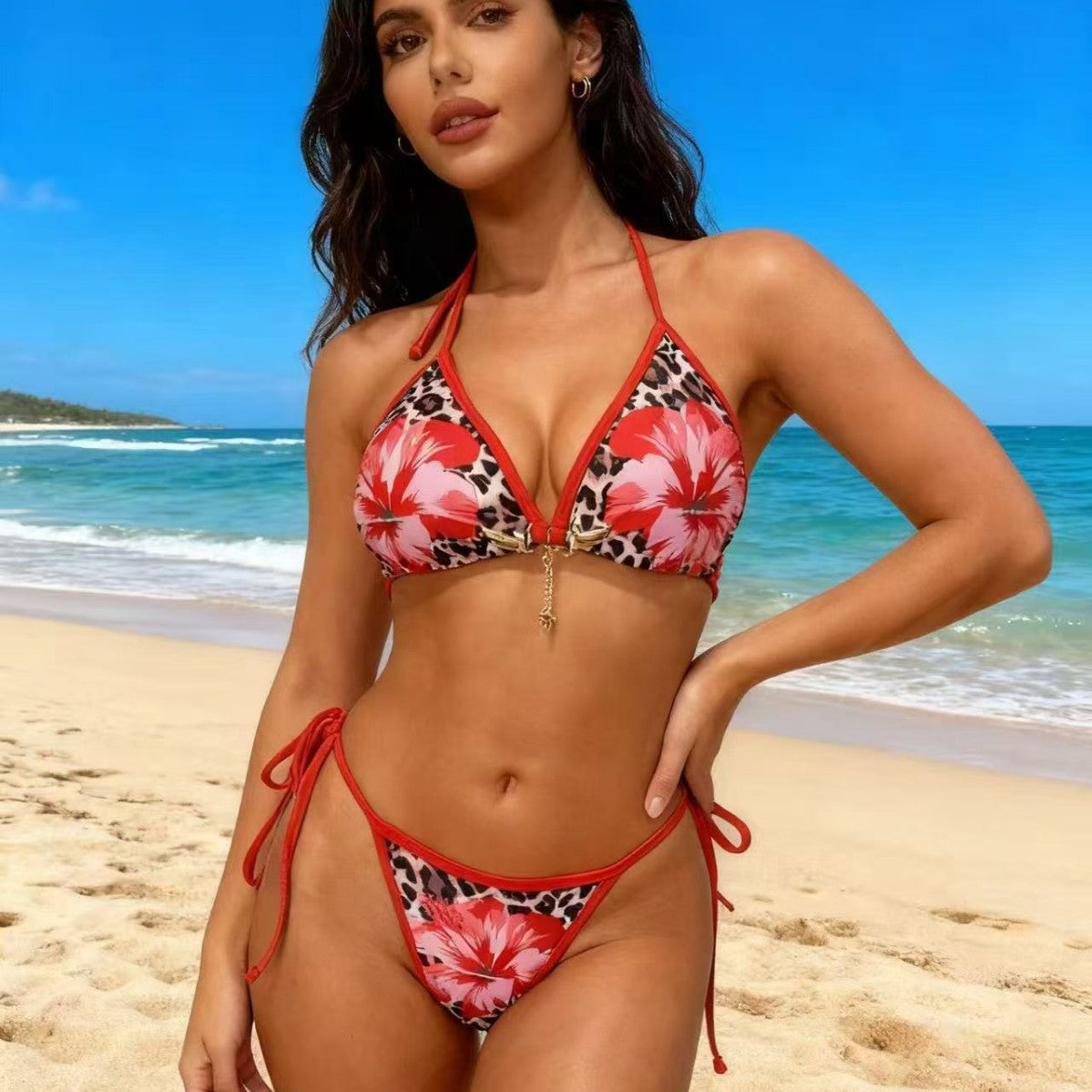 Leopard Print Red Flower Bikini Tie-Up Two-Piece Swimsuit Bikini Export - Classyfashion24.com