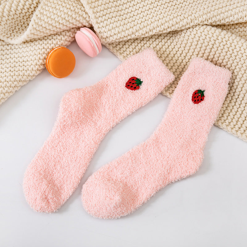 Coral velvet socks embroidered with fruits