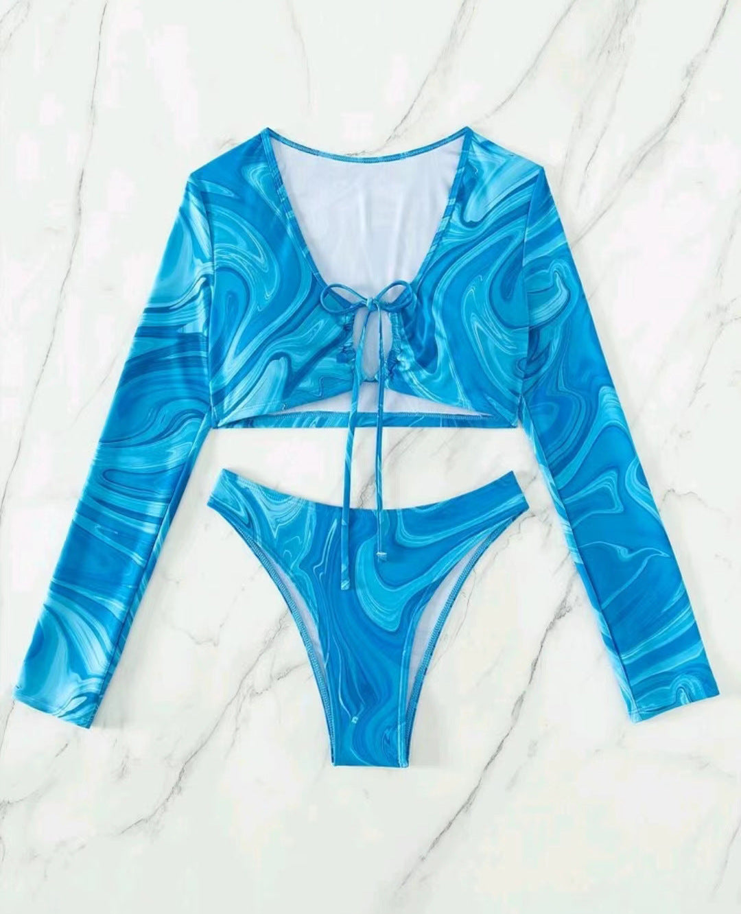 Split long sleeved lace up printed bikini - Classyfashion24.com