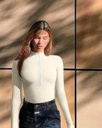 Ribbed Long Sleeve Bodysuit with Front Zip - Classyfashion24.com