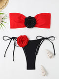 Color blocking 3D floral bikini split strapless lace up swimsuit - Classyfashion24.com