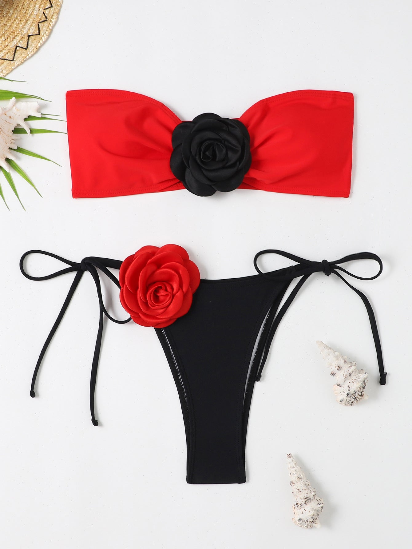 Color blocking 3D floral bikini split strapless lace up swimsuit - Classyfashion24.com