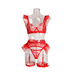 Red lace lingerie set featuring intricate embroidery, metal chain accents, and detachable elements. Includes a bra, garter, a