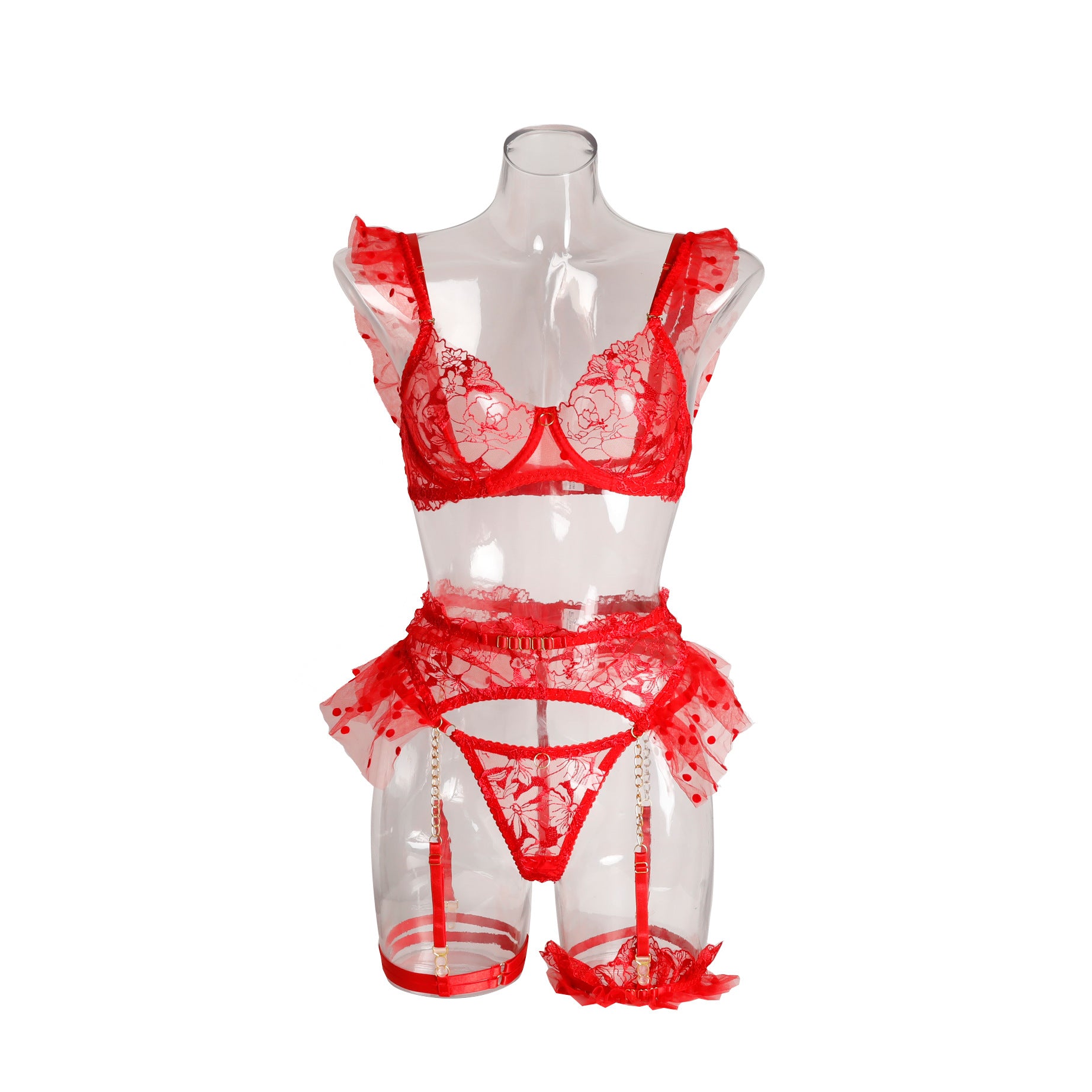 Red lace lingerie set featuring intricate embroidery, metal chain accents, and detachable elements. Includes a bra, garter, a