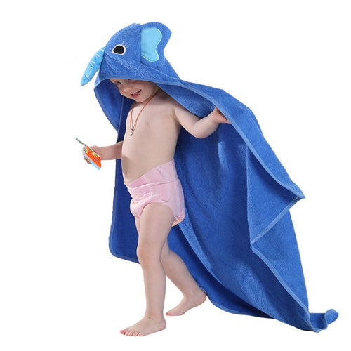Blue elephant hooded bath towel and robe for toddlers, featuring cute ears and a playful design, perfect for bath time.