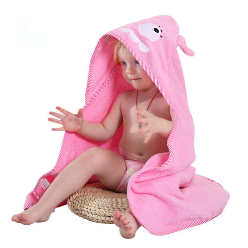 100% Premium Cotton Animal Hooded Bath Towel & Bathrobe for Toddlers in pink, featuring a cute animal design, on a child.