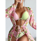 Printed long sleeved sunscreen three piece bikini set - Classyfashion24.com