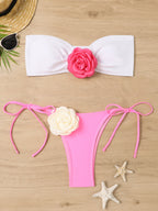 Color blocking 3D floral bikini split strapless lace up swimsuit - Classyfashion24.com