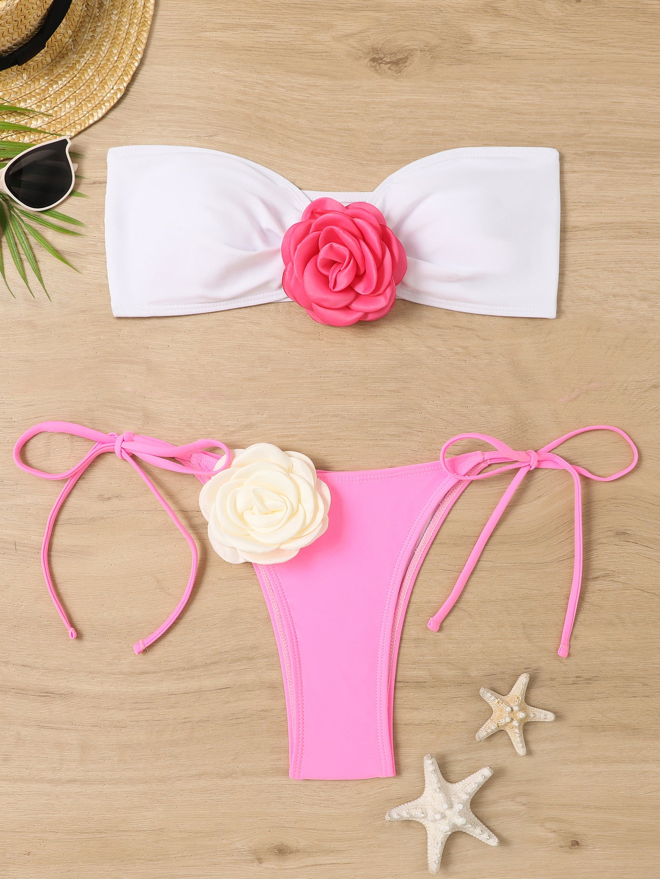Color blocking 3D floral bikini split strapless lace up swimsuit - Classyfashion24.com