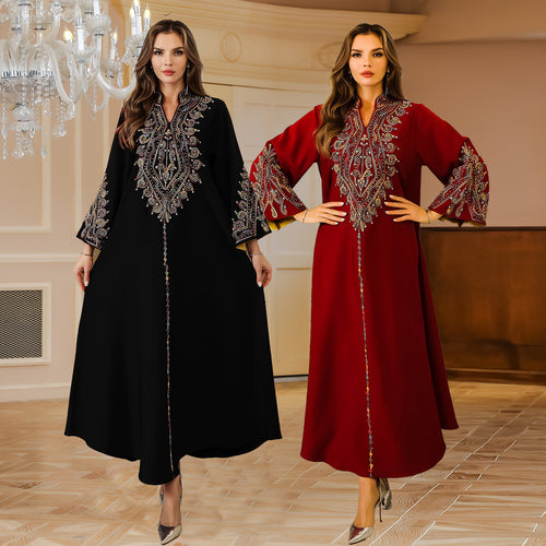Middle Eastern Muslim Women's Long Robe Dubai Abaya with Cord Embroidery - Classyfashion24.com