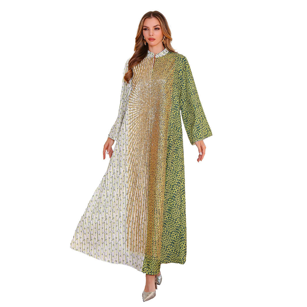 Summer Muslim Spliced Beaded Long Robe Middle Eastern Dubai Abaya Printed Maxi Dress - Classyfashion24.com