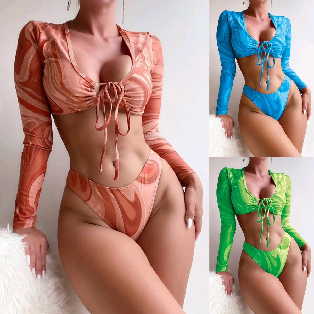 Split long sleeved lace up printed bikini - Classyfashion24.com