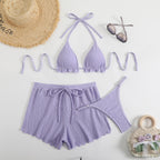 Three piece swimsuit bikini with neck tie and split flat angle pants - Classyfashion24.com