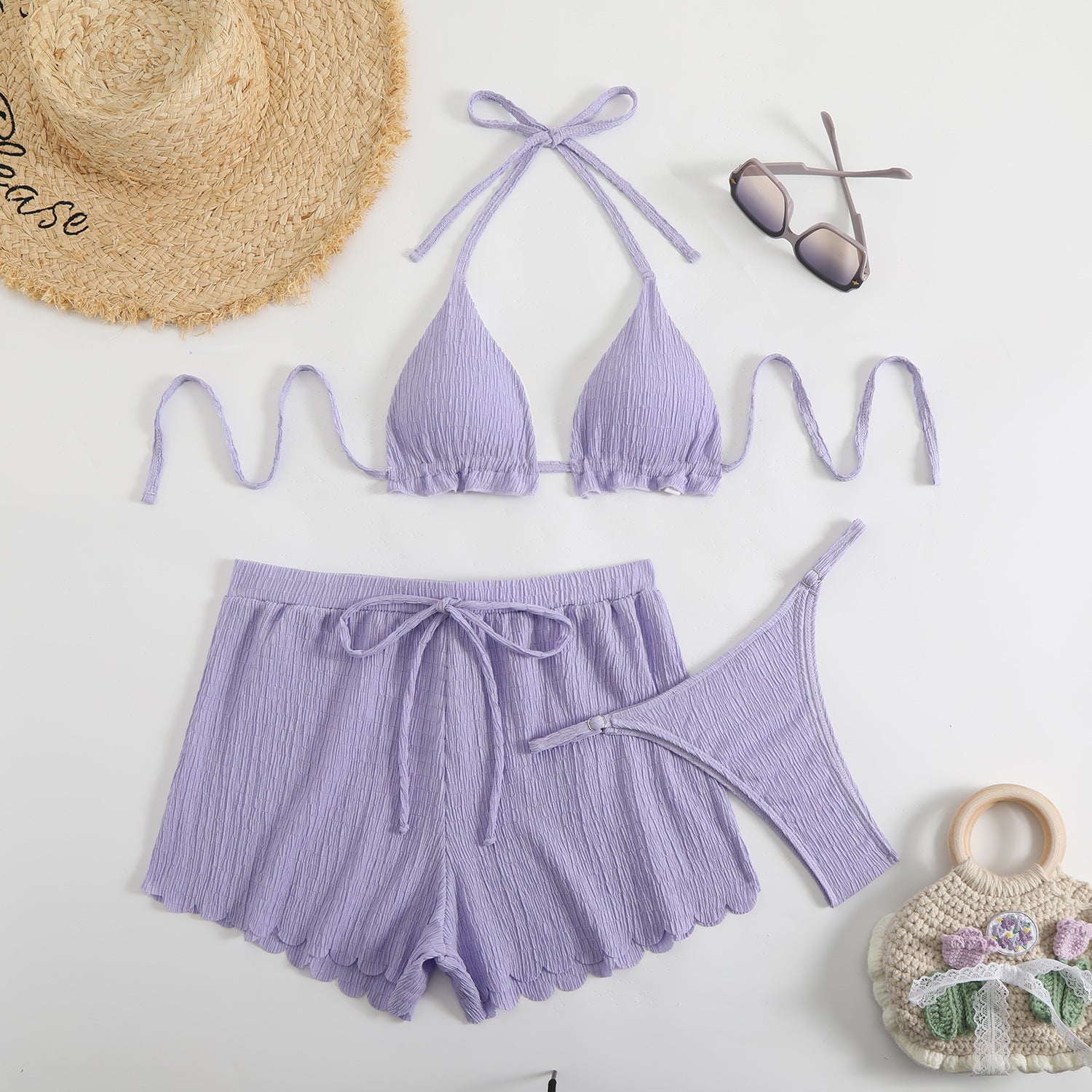 Three piece swimsuit bikini with neck tie and split flat angle pants - Classyfashion24.com