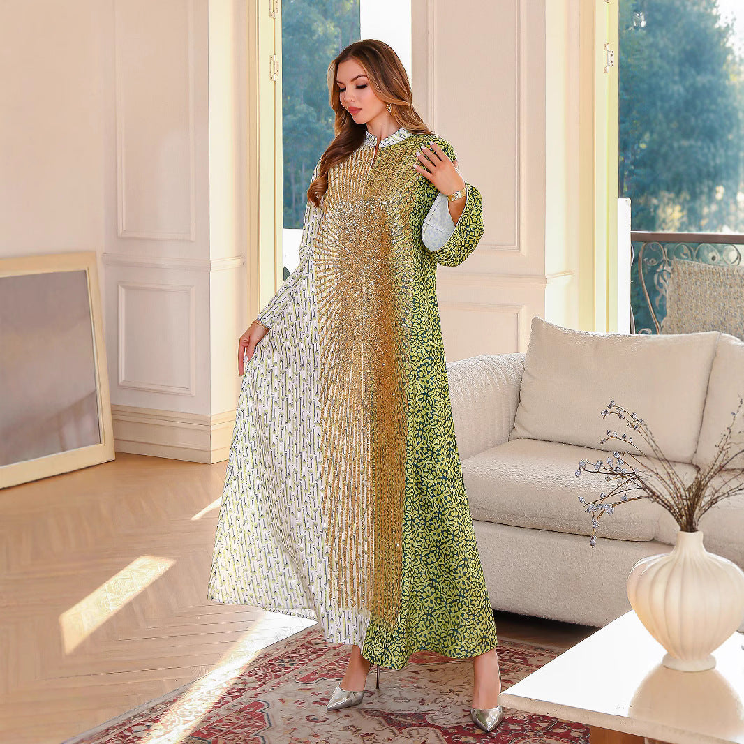 Summer Muslim Spliced Beaded Long Robe Middle Eastern Dubai Abaya Printed Maxi Dress - Classyfashion24.com