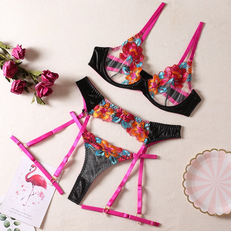 Embroidered Lingerie Garter Set for Women