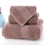 3-Piece Premium 100% Cotton Bath & Hand Towel Set in soft brown, featuring textured patterns and a plush finish.