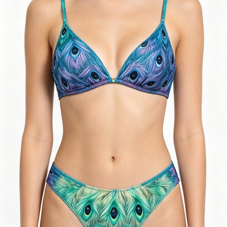 Peacock Feather Print Sexy Two-Piece Swimsuit for Women with Adjustable Straps Beach Bikini Set - Classyfashion24.com