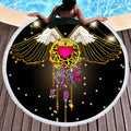 Round Boho Beach Towel featuring a colorful dreamcatcher design with wings and feathers, perfect for yoga or beach use.