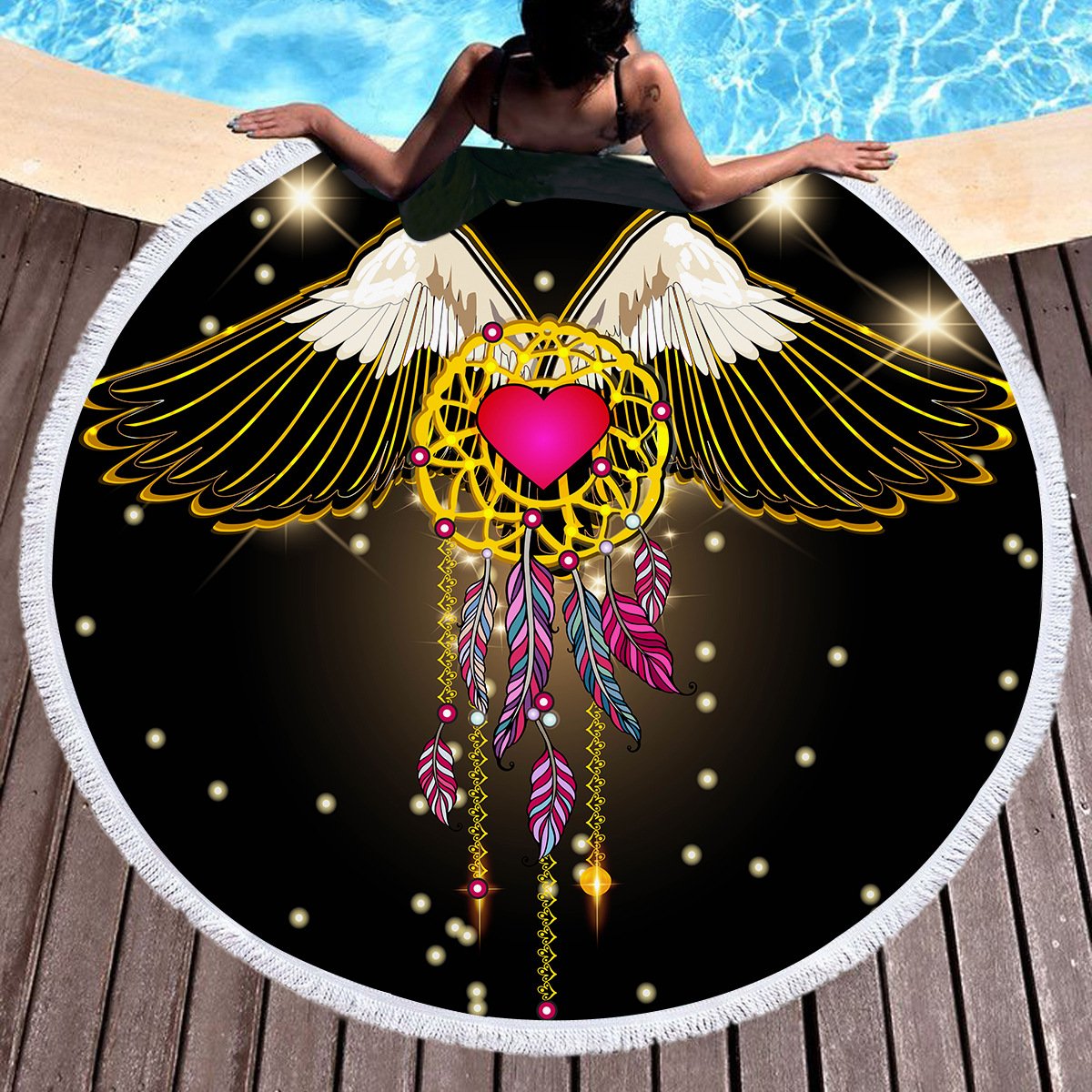 Round Boho Beach Towel featuring a colorful dreamcatcher design with wings and feathers, perfect for yoga or beach use.