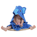 Blue elephant-themed hooded bath towel and bathrobe for toddlers, featuring cute ears and a playful design.
