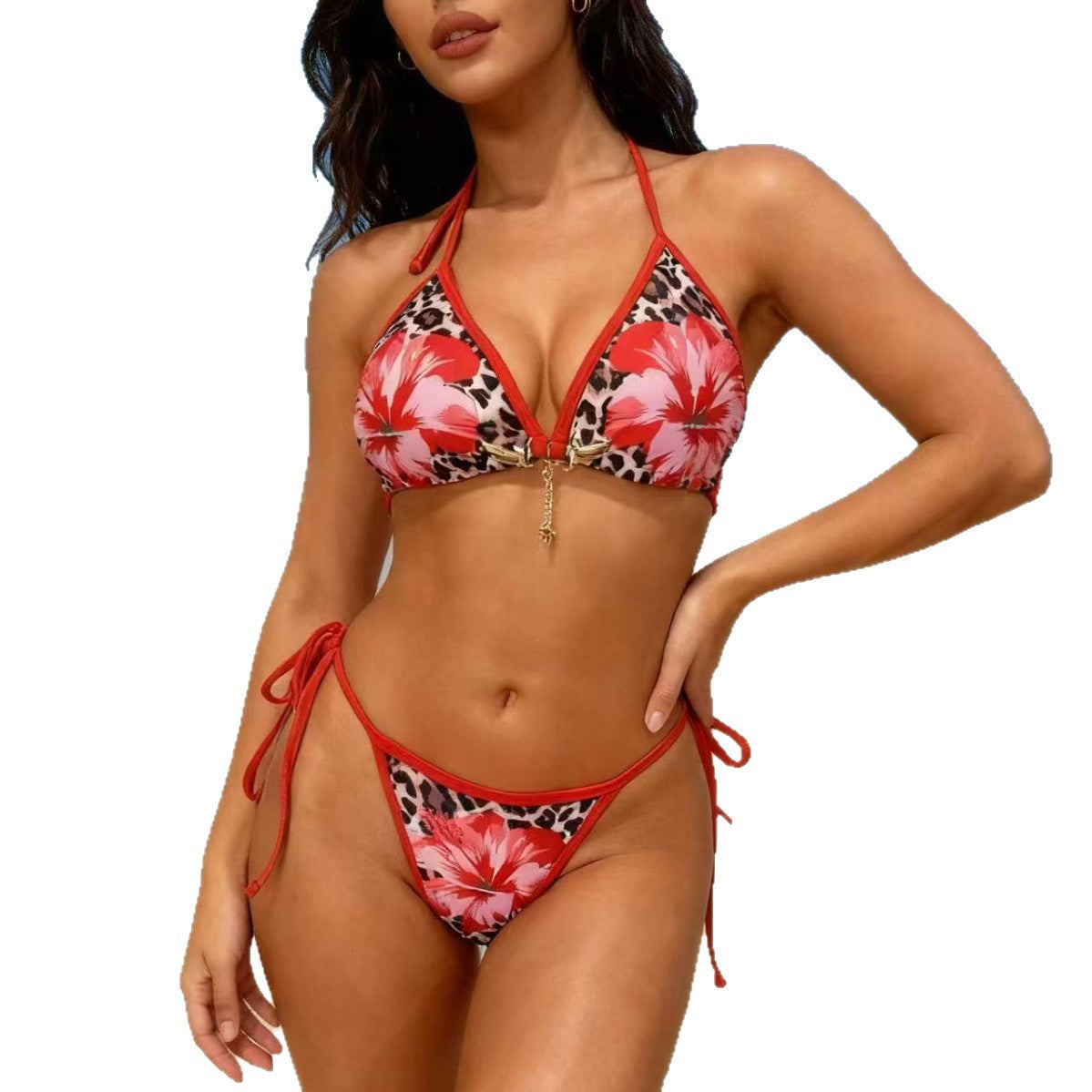Leopard Print Red Flower Bikini Tie-Up Two-Piece Swimsuit Bikini Export - Classyfashion24.com