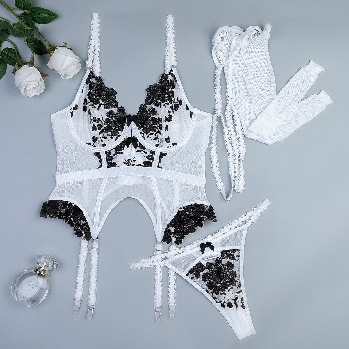Embroidered Stocking Leggings Suspender Lingerie Set
