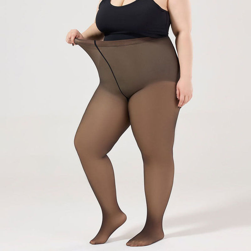 Woman wearing high-waisted black sheer tights with a smooth fit.