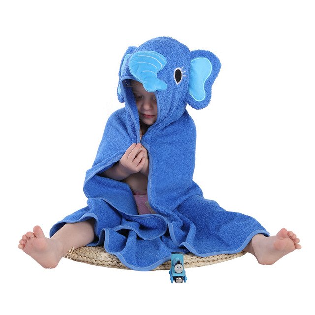 100% Premium Cotton Animal Hooded Bath Towel & Bathrobe for Toddlers in blue with elephant design, worn by a child sitting.