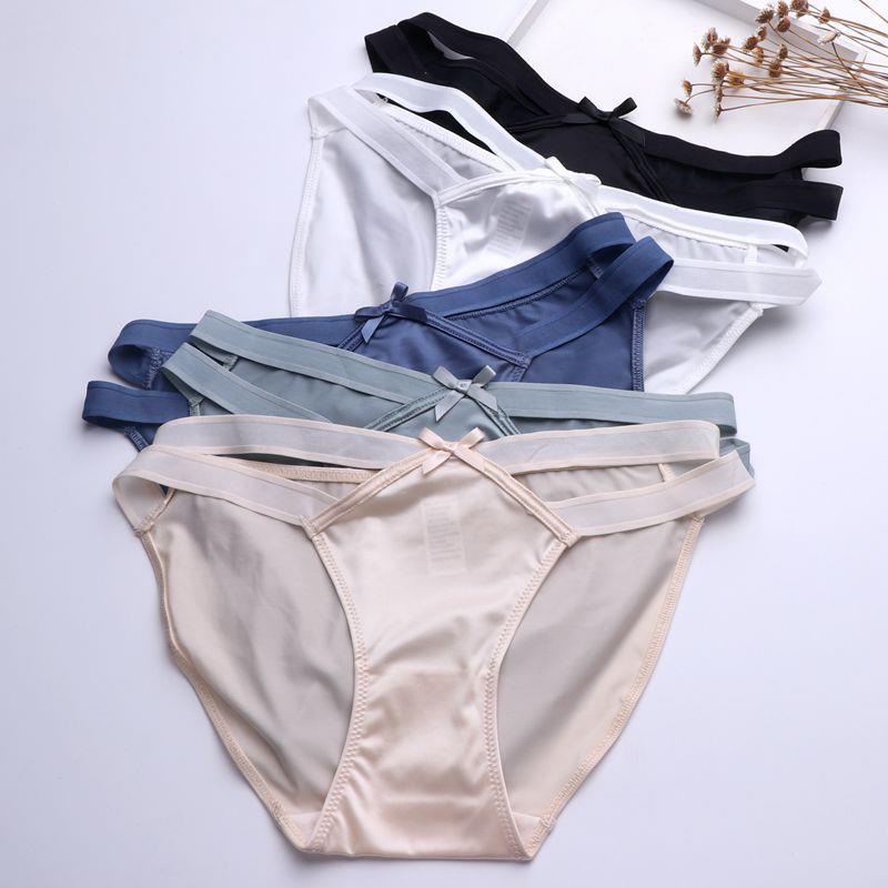 Satin Milk Silk girl underwear in various colors, featuring a sexy hollow butterfly knot design and low waist triangle cut.