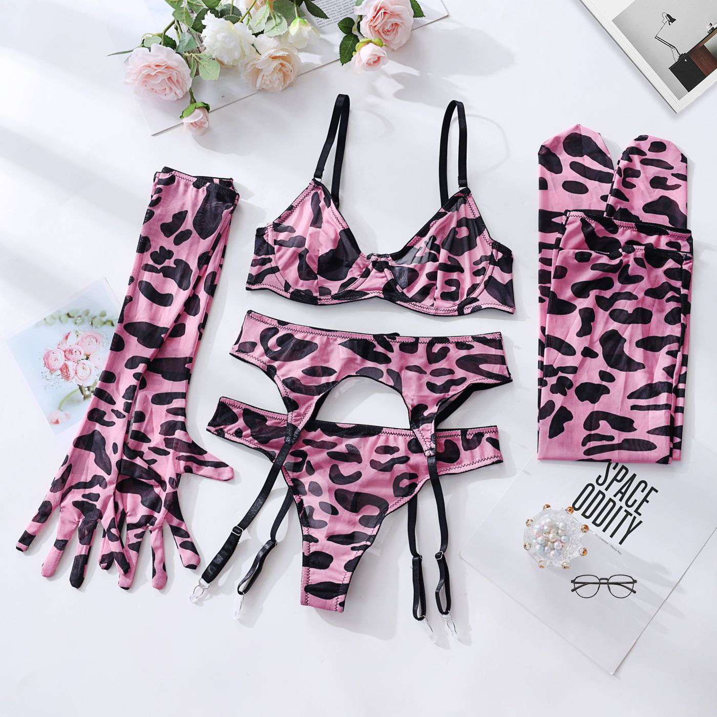 Gathering Mesh Sexy Lingerie – Tie-Dye Colorful Five-Piece Set for Women