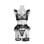 Black lace lingerie set featuring intricate embroidery, ruffled details, and detachable metal chain accents.