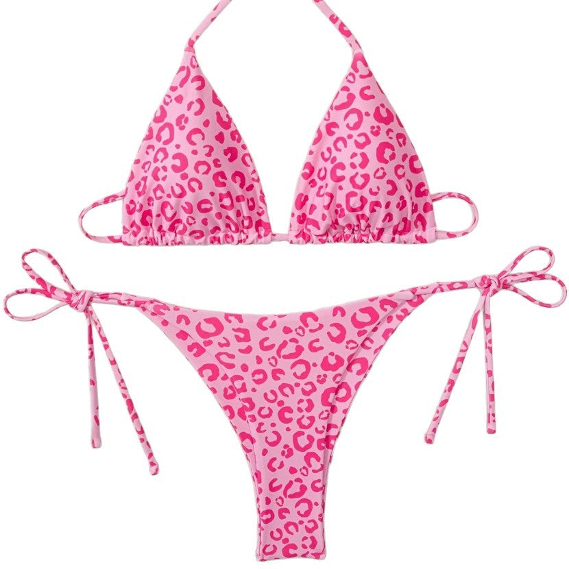 Pink Leopard Print Bikini Set for Women, Halter Neck Two-Piece Swimsuit with Elegant Design - Classyfashion24.com