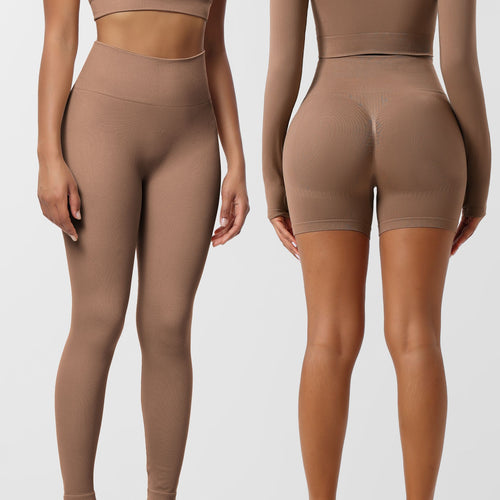 High-waist butt-lifting leggings in a brown shade, showcasing front and back views on a model. Ideal for yoga and sports.