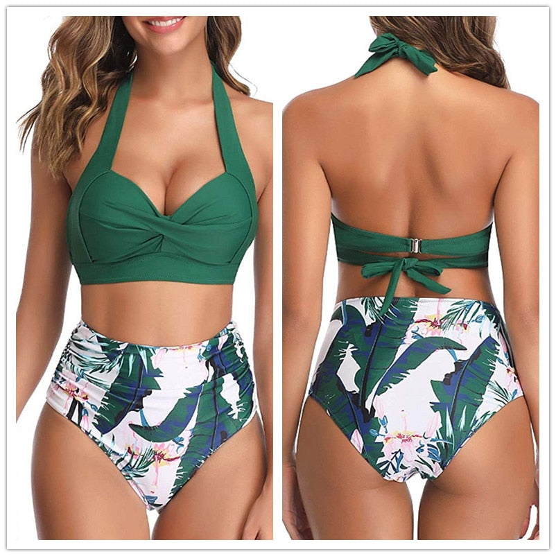 Sexy High Waist Bikini Florial Print Tankini Halter Sexy Bikini Set Polka Dot Female Swimwear Ladies Bathing Suit Plus Size XXL - Classyfashion24.com