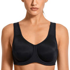 Black women's max control underwire sports bra with wide straps, designed for high-impact support and comfort.