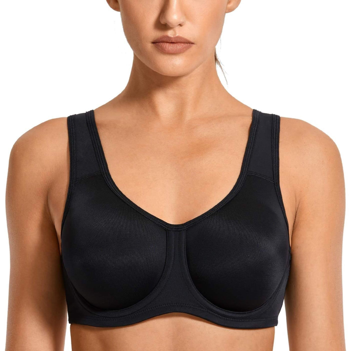Black women's max control underwire sports bra with wide straps, designed for high-impact support and comfort.