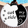 Boho Gypsy Round Beach Bathing Blanket Towel with cat-themed design, featuring contrasting black and white sides and paw prin