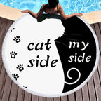Boho Gypsy Round Beach Bathing Blanket Towel with cat-themed design, featuring contrasting black and white sides and paw prin