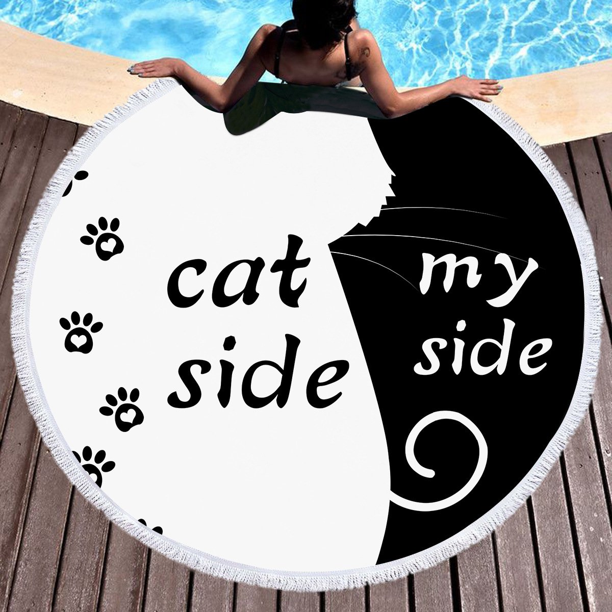 Boho Gypsy Round Beach Bathing Blanket Towel with cat-themed design, featuring contrasting black and white sides and paw prin