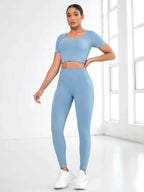 2-Piece Short Sleeve Active Set – Round Neck Crop Top & Leggings - Leggings