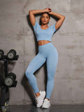 2-Piece Short Sleeve Active Set – Round Neck Crop Top & Leggings - Light Blue / L - Leggings