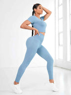 2-Piece Short Sleeve Active Set – Round Neck Crop Top & Leggings - Leggings