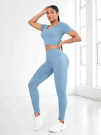 2-Piece Short Sleeve Active Set – Round Neck Crop Top & Leggings - Leggings