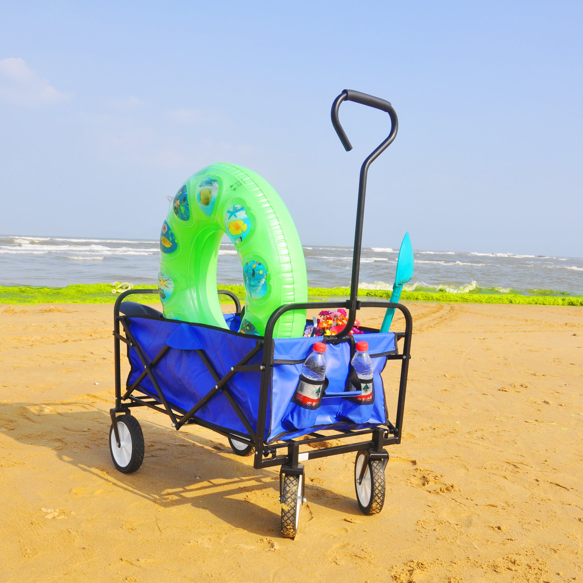 Heavy Duty Folding Utility Wagon by classyfashionz, featuring a collapsible design with beach accessories, on sandy shore.